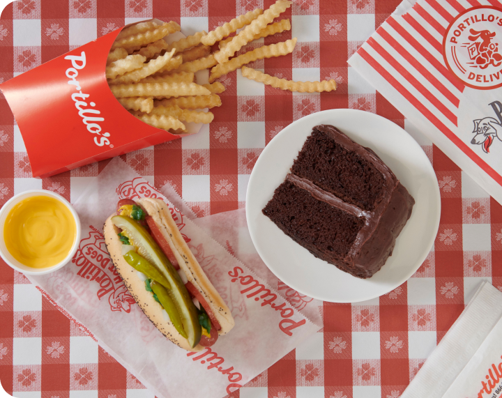 Hot Dog, fries and a piece of cake